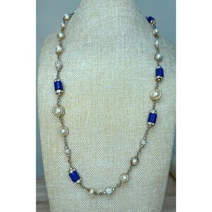 J.Crew Pearl & Blue Beaded Vintage-Inspired Necklace With Gold-Tone Chain Elegan